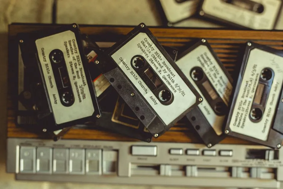 A pile of vintage cassette tapes, illustrating the 90s/2000s nostalgia era this site's trivia covers