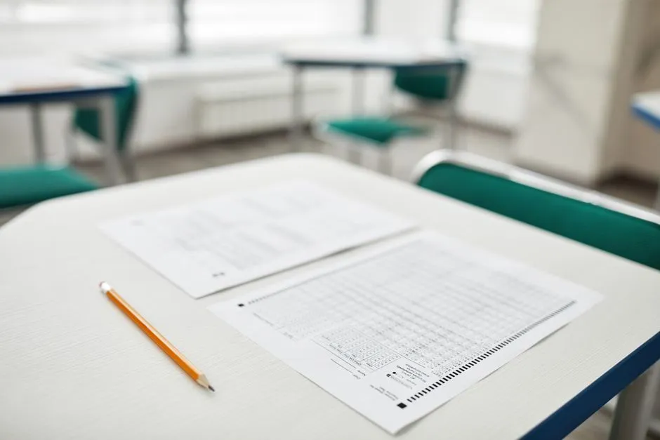 Close-up of a multiple-choice test paper and pencil, illustrating the quiz-question format used across the site